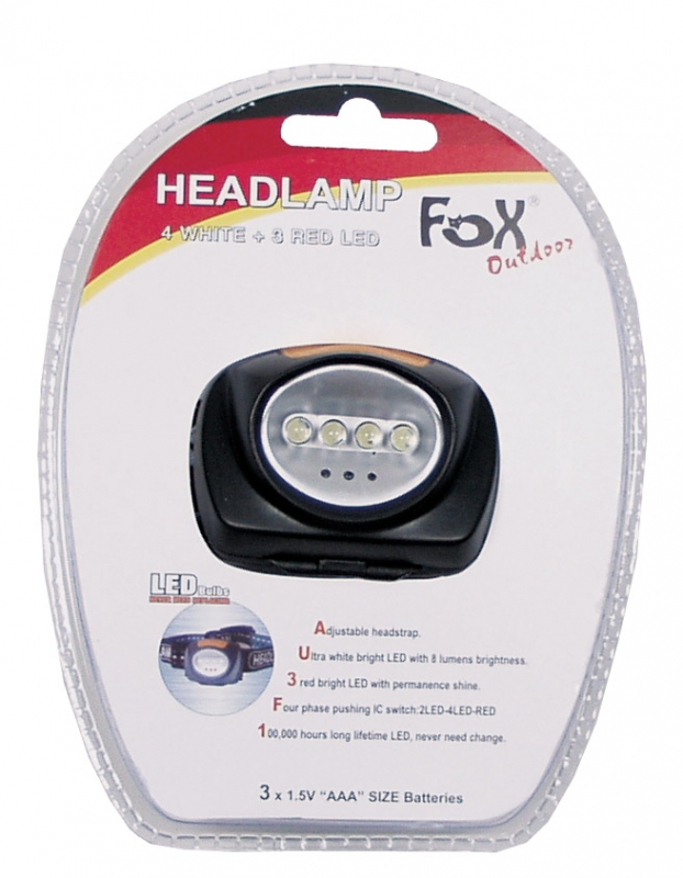FoxOutdoor Stirnlampe 4 LED weiss 3 LED rot klappbar schwarz